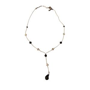 Black and Clear Crystal Y-Drop Lariat Necklace Silver Tone Teardrop Pendant